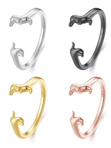 Cute Sausage Dog Open Ring, Multi-Color Options, Adorable Animal 925 Sterling Silver Puppy Finger Ring, Casual Style, Fashion Ring, All Seasons