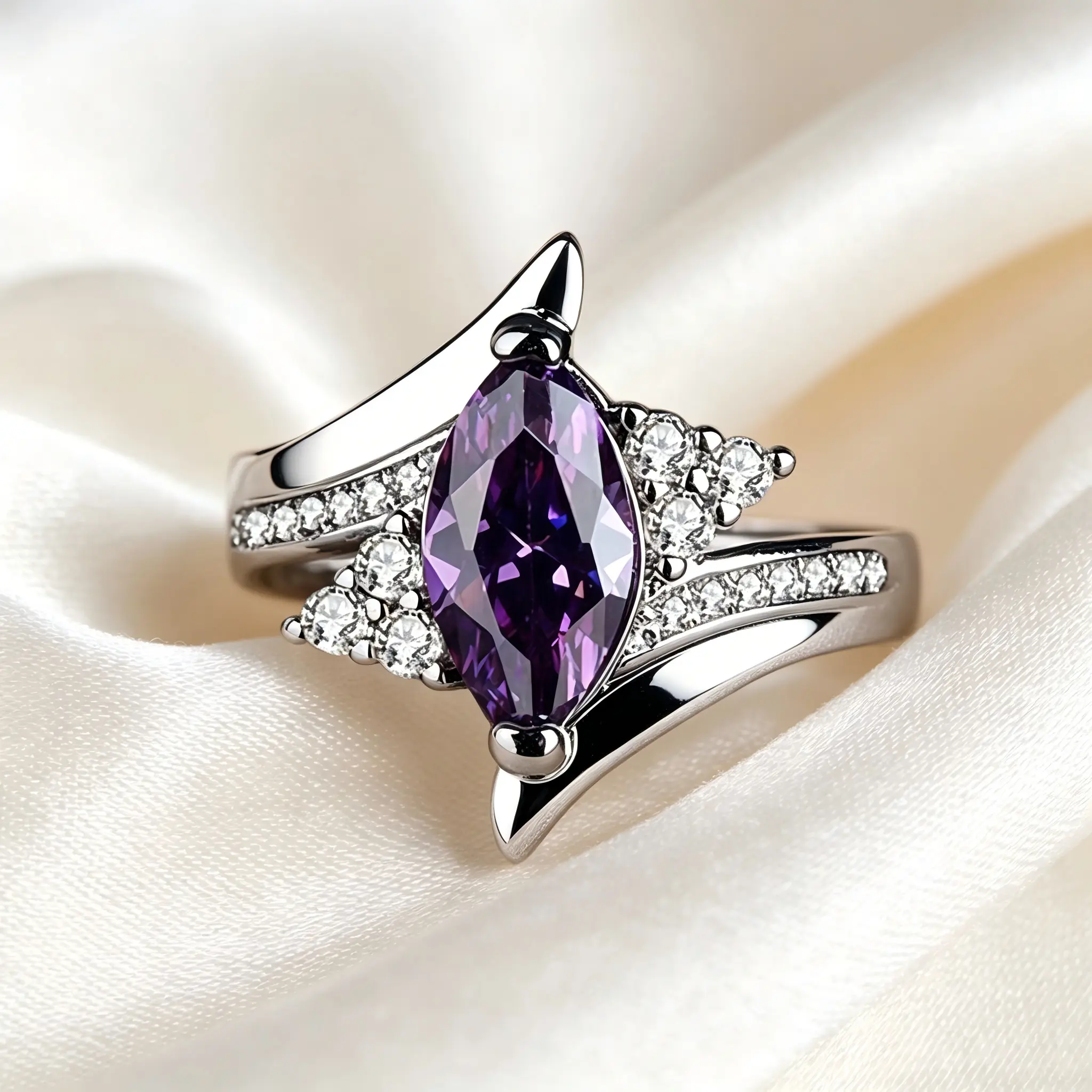 Promise Ring for Women, Marquise Cut Purple Cubic Zirconia Halo Pavé Statement Band, Anniversary Gift, Daily Wear Jewelry, Christmas, New Year, Valentine, Daily Wear Ring