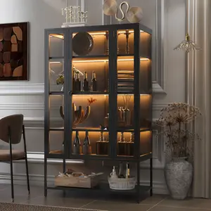 Tall Steel Curio Cabinet with Double Glass Doors, Multi-Sided Glass Design, LED Lights, Brass Handles, Easy Set-Up – Steel Furniture for Home Office, Collectibles Display