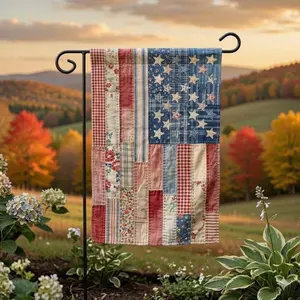 Faux Patchwork America 250 Garden Flag, Patriotic Floral Porch Decor, 250th Birthday of America Flag, 4th of July Outdoor Yard Sign, Print Only