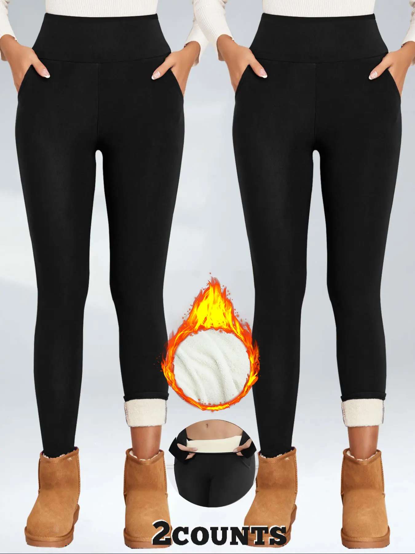 Women's Winter Warm Fleece Lined Leggings, High Waist Slim Fit Pants with Pockets, Casual Comfortable Basic Minimalist Thermal Warmer Bottoms for Fall & Winter, Womenswear, Piece