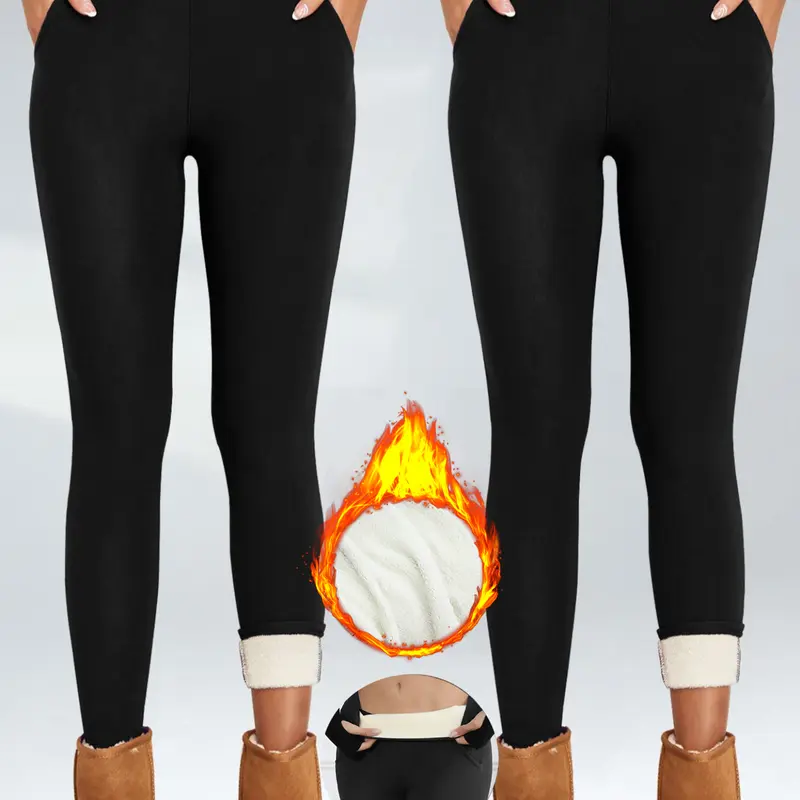 Women's Winter Warm Fleece Lined Leggings, High Waist Slim Fit Pants with Pockets, Casual Comfortable Basic Minimalist Thermal Warmer Bottoms for Fall & Winter, Womenswear, Piece