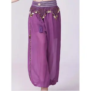 Women Chiffon Belly Dance Harem Pants Arabic Bellydance Pants Bloomers Trousers With Gold Trim Tassels Women Dancing Pants