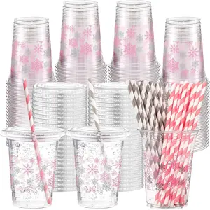 50 Set 16 oz Winter Snowflakes Cups with Lids and Straw Cups Disposable Clear Ice Coffee Beverage Drinking Cups for Christmas Birthday Winter Decorations(Pink)