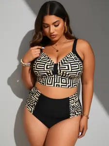 Women's Plus Size High Waisted Bikini Set V-Neck Tummy Control Two Piece Swimsuit, Two Piece Sets, Plus Size Clothes