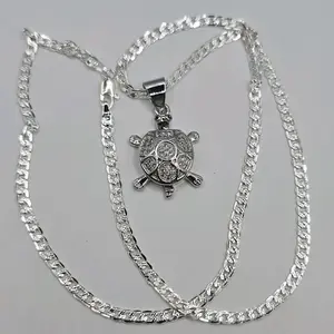 TURTLE necklace Cuban link style necklace silver color multi-stones pendant SILVER-PLATED
