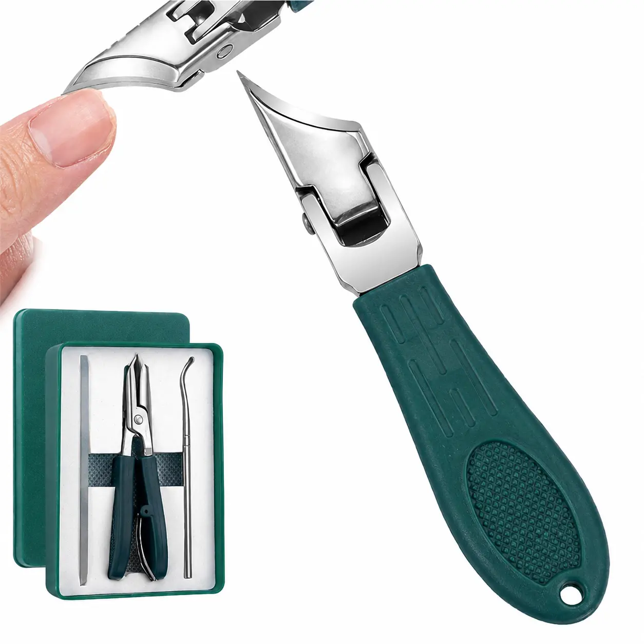Green 3Pcs Long Handle Eagle Beak Nail Clipper Set, for Seniors Thick Hard Nails & Ingrown Toenail Care, Household Manicure Pedicure Kit, Wide Jaw Anti-splash Slanted Blade Labor-saving Trimming Tools