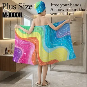 Plus Size M-XXXXL Rainbow Swirl Print Bath Wrap Skirt & Hair Towel Turban Set, Non-Slip Adjustable Shower Skirt for Bathroom, Spa, Pride Festival, Summer Vacation