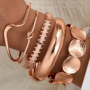 5-Piece Fashionable Versatile Irregular Geometric Wave Knotted Bracelet Set, Trendy Stackable Bracelets for Women, Daily Wear & Summer Vacation Jewelry