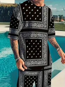 Two-piece Set Men's All Over Print Short Sleeve Top &  Shorts, Regular Fit Casual Fashion Cozy Round Neck Top &  Shorts for Summer, Men Two-piece Set  for Daily Wear