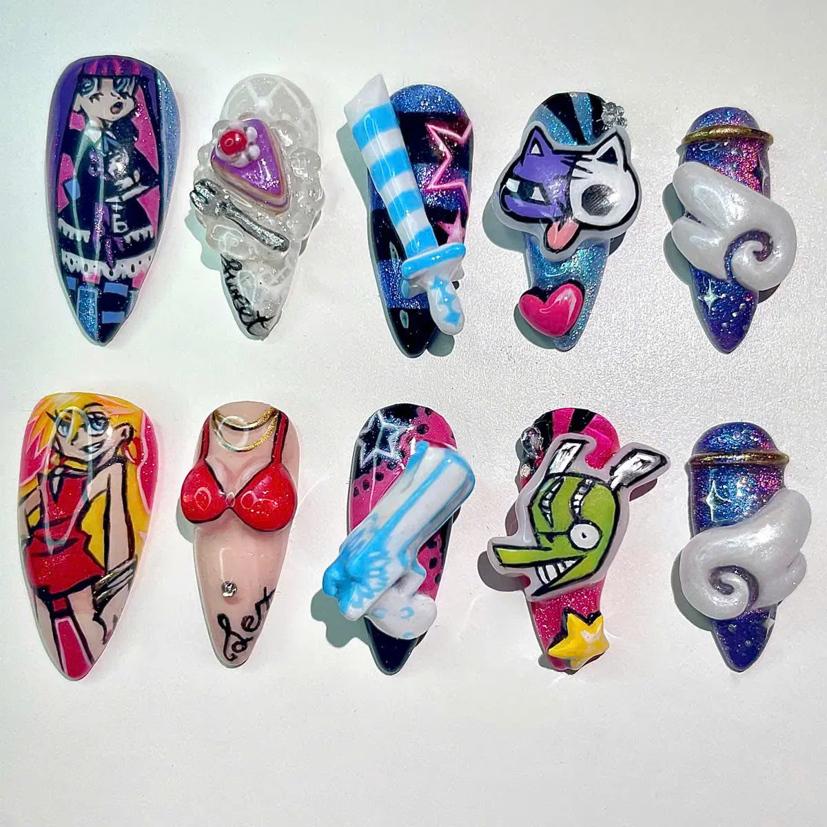 Handmade Long White Cartoon Character Press-On Nails, Soft Gel Reusable Punk Set for Nail Art Decoration