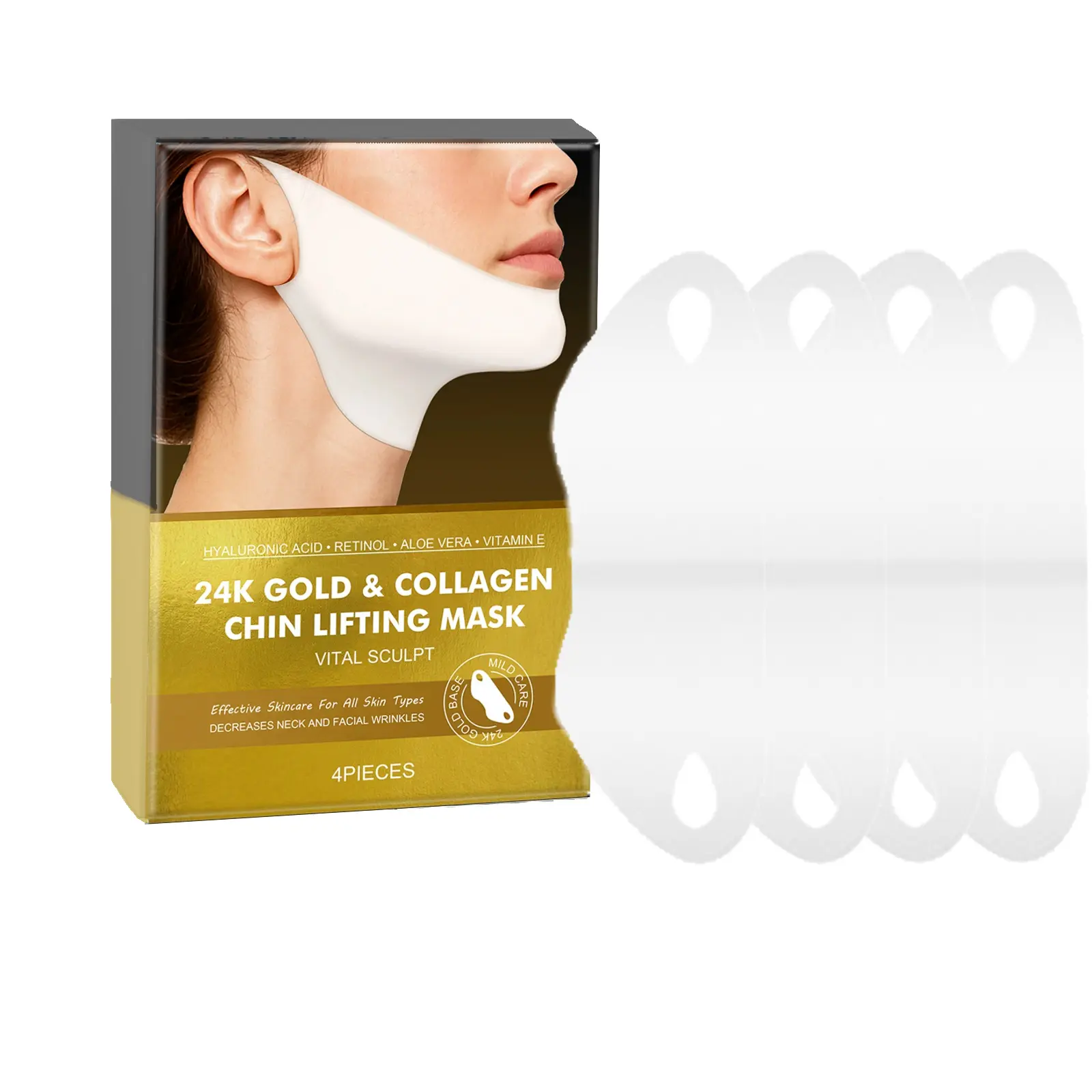 4 Pack V-Line Lifting Mask | 24K Gold & Collagen Face Mask, Anti-Aging Jawline Shaper Mask for Face Lift | Hyaluronic Acid & Vitamin E