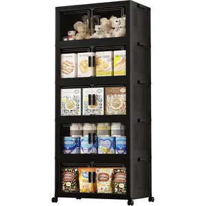 150GAL Storage Bins with Lids, Stackable Storage Bins with Wheels, Collapsible Closet Organizers and Storage, Home Organization and Storage Cabinet, Plastic Clothes Storage Box Shelf, Black