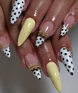 POLKA DOTS & BANGLE | Custom Press On Nails | White & Butter Yellow French Fake Nails for Long Almond Stiletto | Sweet Waterdroplet Aesthetic | Metallic Gold Luxury Pattern Cover | Trending Cute Style 2026