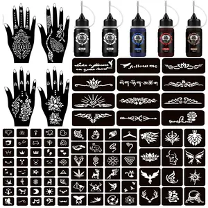 BASIC SUPPLY Temporary Tattoo Kits Henna kit 5 Inks 96 Stencils Cosmetic Grade for Women Men Kids DIY Art Painting Party Gifts