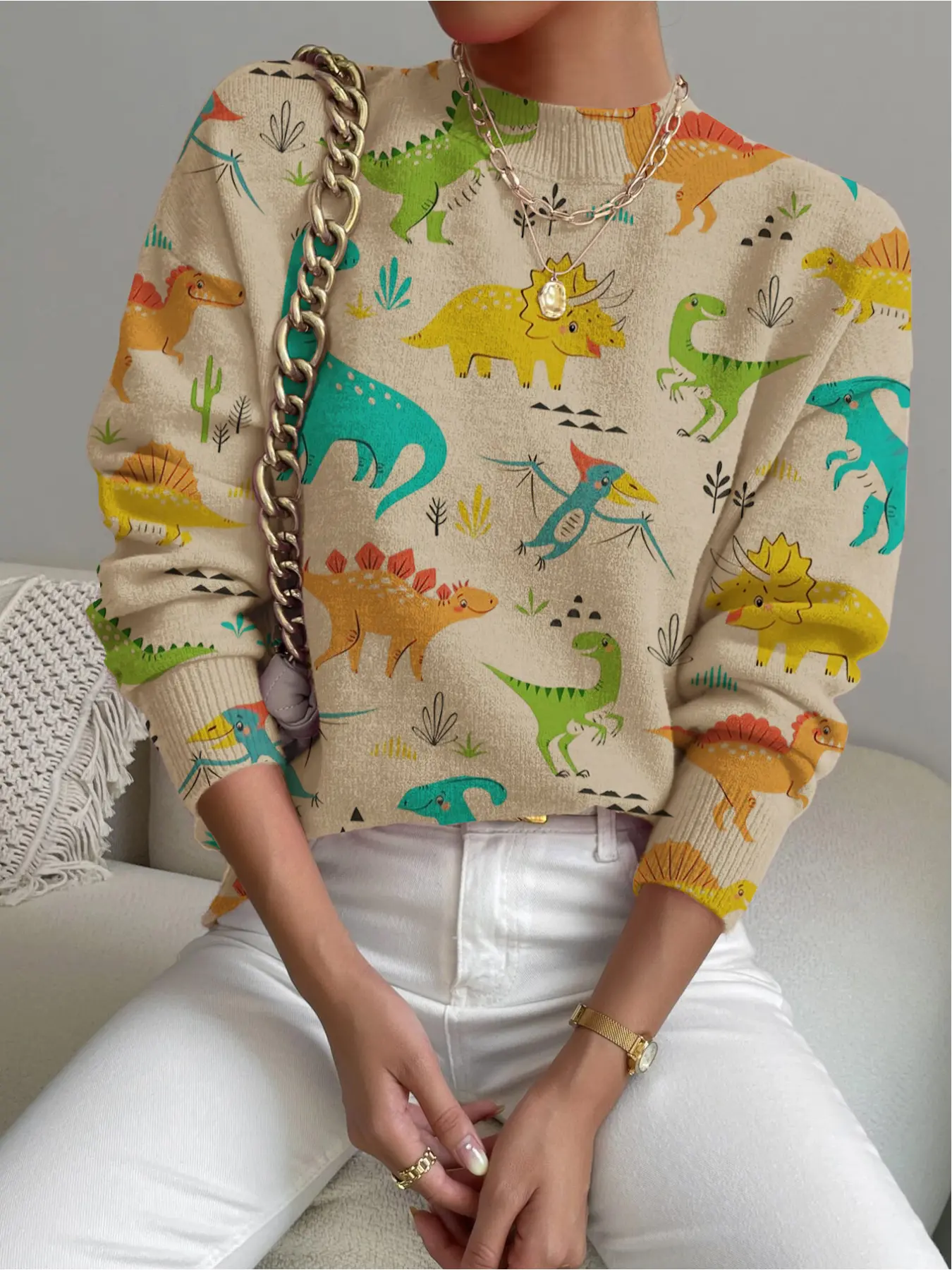 Women's Cartoon Print Stand Collar Fitted Sweater, Casual Trendy Jumper, Casual Long Sleeve Knitwear for Fall Winter, Comfortable Warm Daily Wear, Womenswear Clothes, Tops