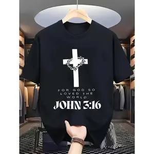 Men'S Casual Short Sleeve T-Shirt With John 3:16 Bible Verse & Cross Print| Black With White Graphic, Regular Fit, Summer Religious Apparel, Bold Design, Soft Material, Breathable Fabric, Ideal For Church Office And Daily Casual Wear