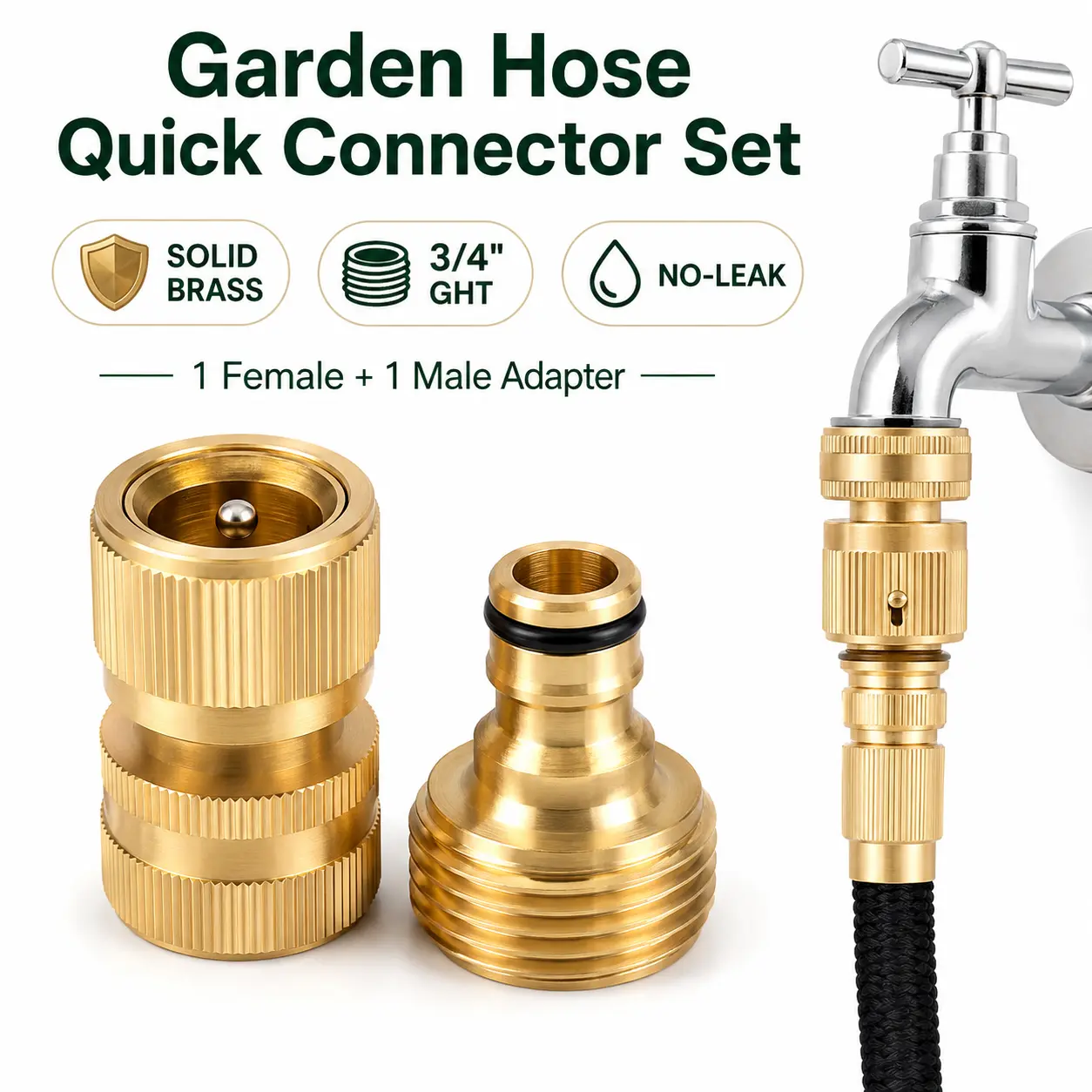 Garden Pipe Quick Connect Fitting, 1 Set Premium Brass 3/4 Inch GHT Thread Joint, Tight-Seal Male & Female Hose Coupler, Practical Outdoor Water Pipe Accessory for Summer Yard Work