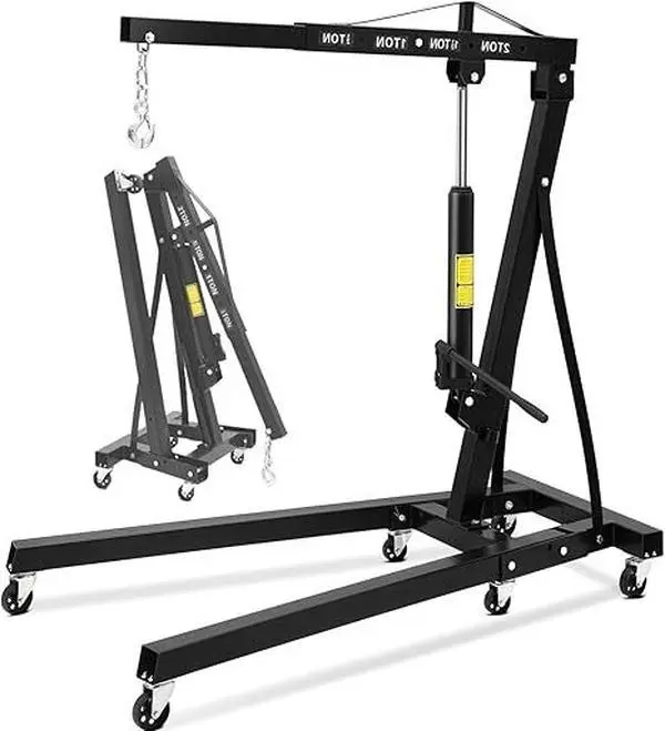 2 Ton Folding Hydraulic Engine Hoist, 4400 LBS Cherry Picker Shop Crane with Telescopic Boom & 6 Casters,  for Garage Workshop Warehouse,Black