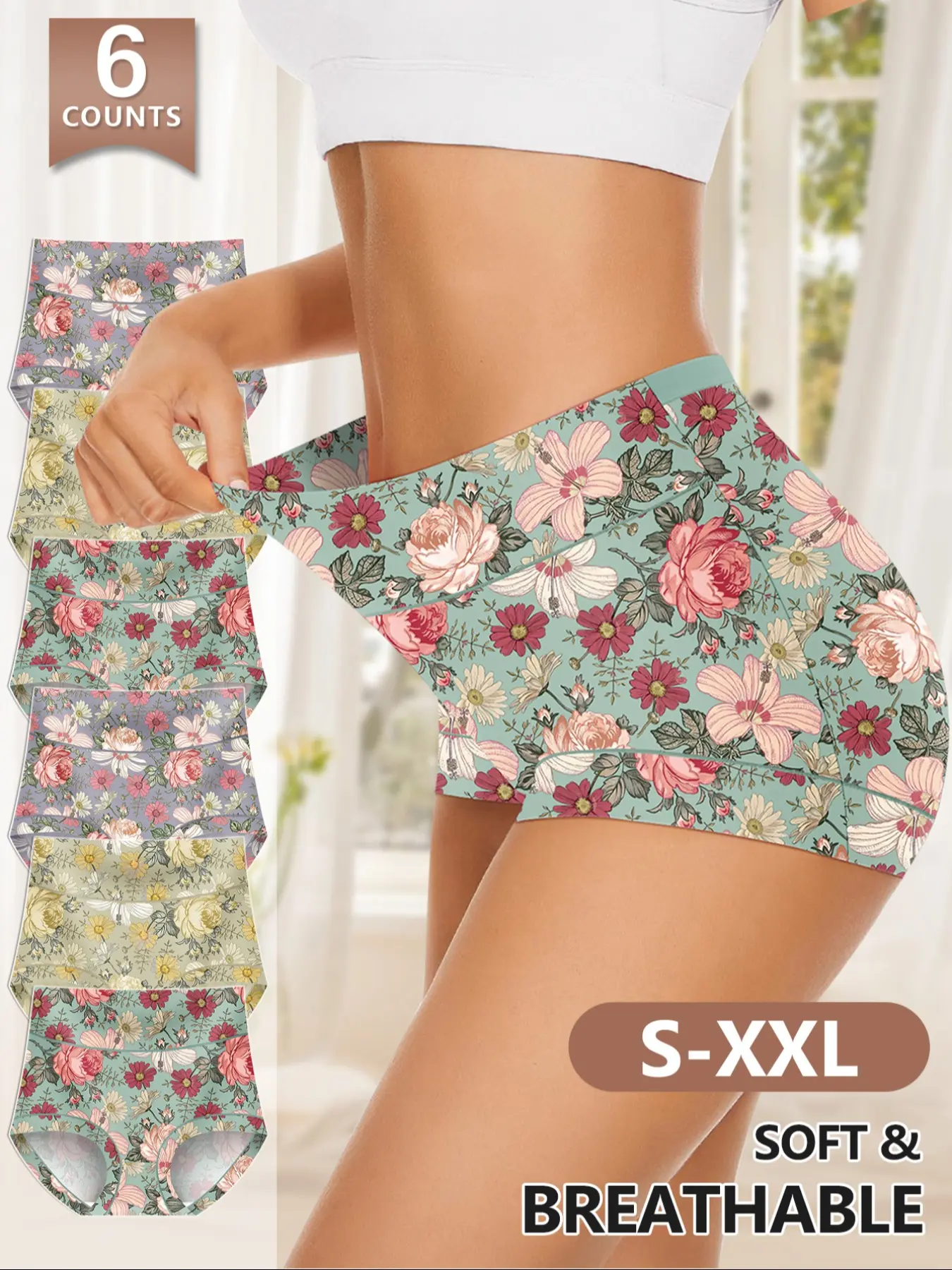 Morelect Floral High-Waist Knicker Women's Underwear Set, Soft Comfy Knicker Breathable Comfortable Casual Fitted Thong Breathable Stretch Panties, 6 Pcs S-Xxl, Multi Colors