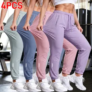 4PCS Women’s Cool Fiber Full-Length Pants – Summer sports pants with zippered pockets, drawstring waist, and rolled hem at the bottom, suitable for sports, gym, and beach wear