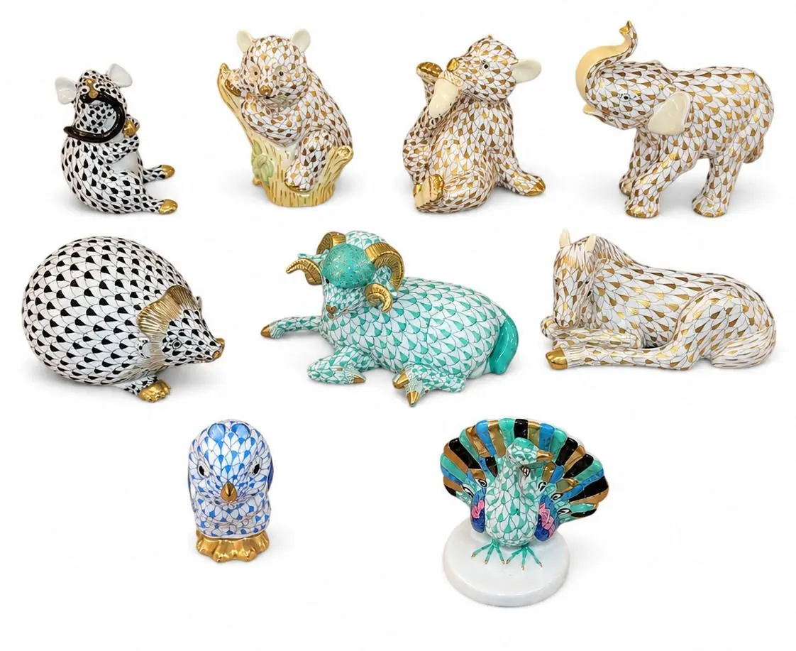 Set of Nine Herend Fishnet Porcelain Animal Figurines
