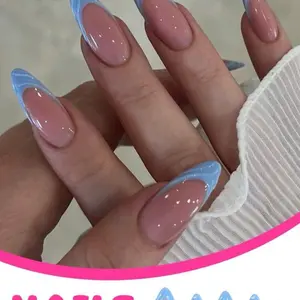 Almond Blue Medium Length Press On Nails - 24 Pieces with 3-D Design - Soft Finish - Classic French Tip Look