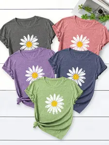 Vintage Daisy Print Casual Tee comes in five heathered tones, decorated with retro distressed daisy patterns. Soft everyday tees with classic crew neck cut, they match denim bottoms perfectly for casual outings, errands and weekend relaxed looks cotton