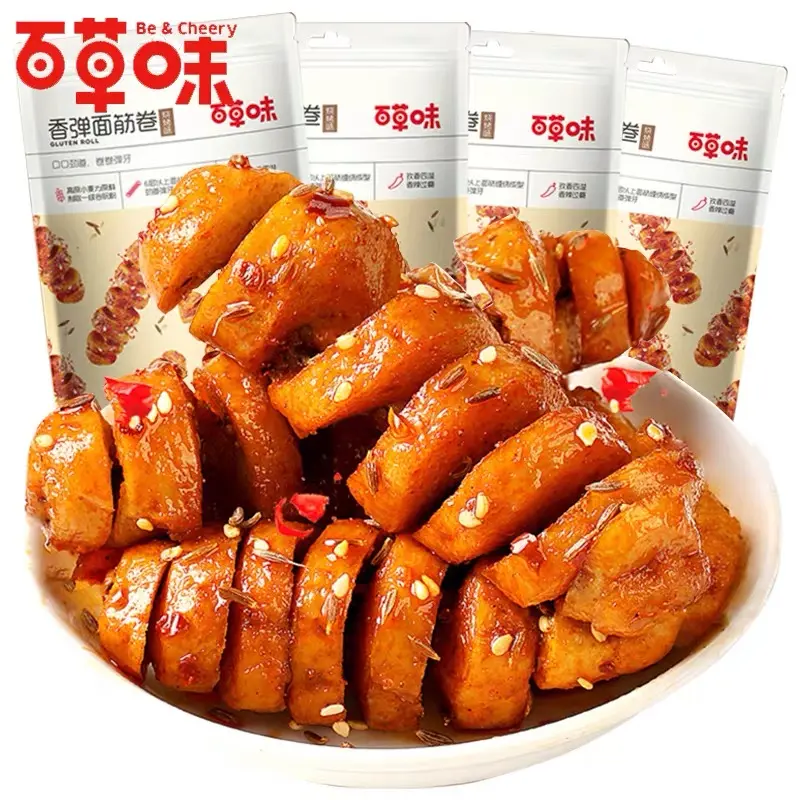 4-Packs Spicy Barbecue Wheat Gluten Rolls, Chewy Savory Plant-Based Snack, Marinated Seasoned Wheat Protein Treat, Portable Individually Wrapped Office Snack, Product of China