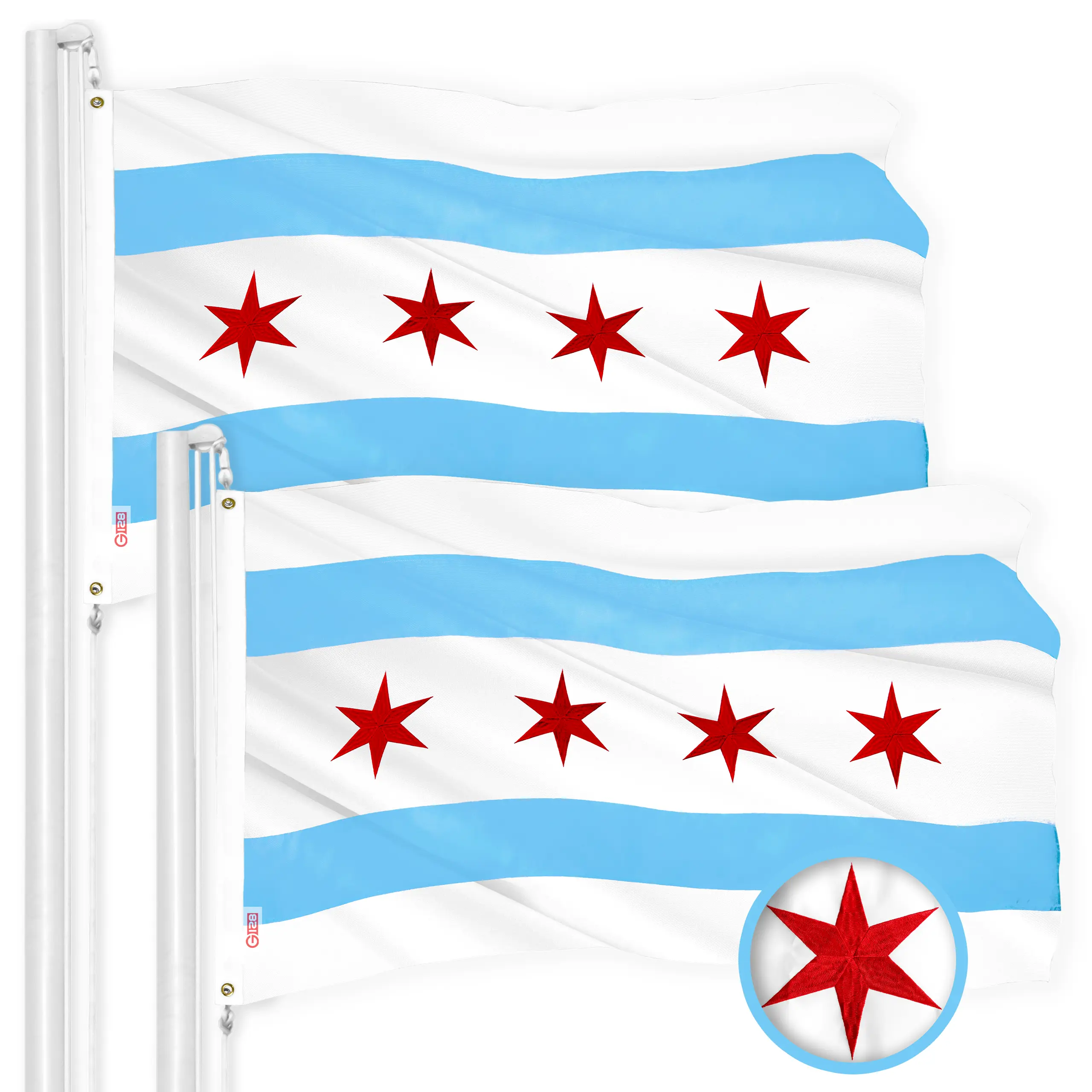 G128 Chicago Flag 2x3 Ft 2-Pack Embroidered 300D Embroidered Stars, Sewn Stripes, Brass Grommets, Indoor/Outdoor, Vibrant Colors, Quality Polyester