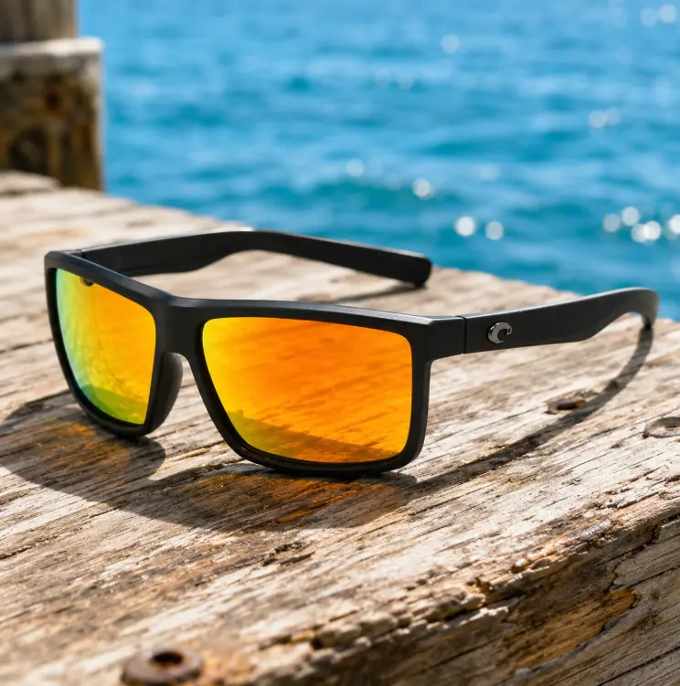 Costa Del Mar Polarized Sport Sunglasses for Men Black Frame Gold Orange Lens UV400 Travel Eyewear
