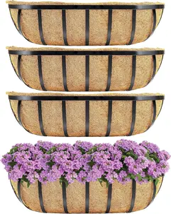 Y&M 4pcs 24 Inch Window Deck with Coco Liner, 24" Window Boxes Horse Trough with Coconut Coir Liner, Black Metal Hanging Flower Planter Window Basket Deck Railing Planter Boxes for Outdoor Indoor planter basket