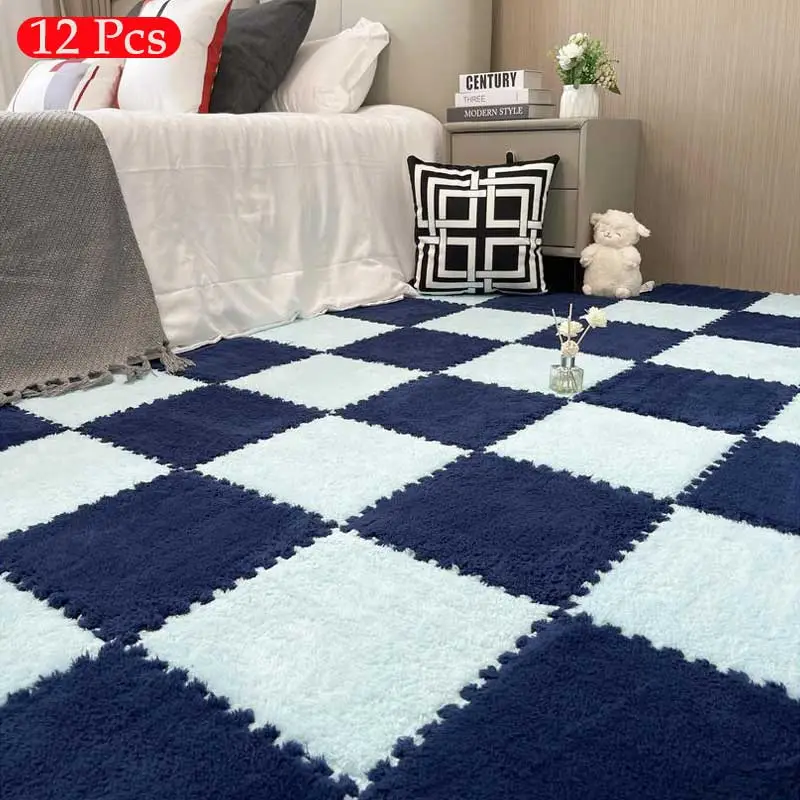 Checkerboard Pattern Floor Mat, 12pcs/set Soft Comfortable Puzzle Floor Mat, Non-slip Area Rug, Decorative Carpet for Home Living Room Bedroom