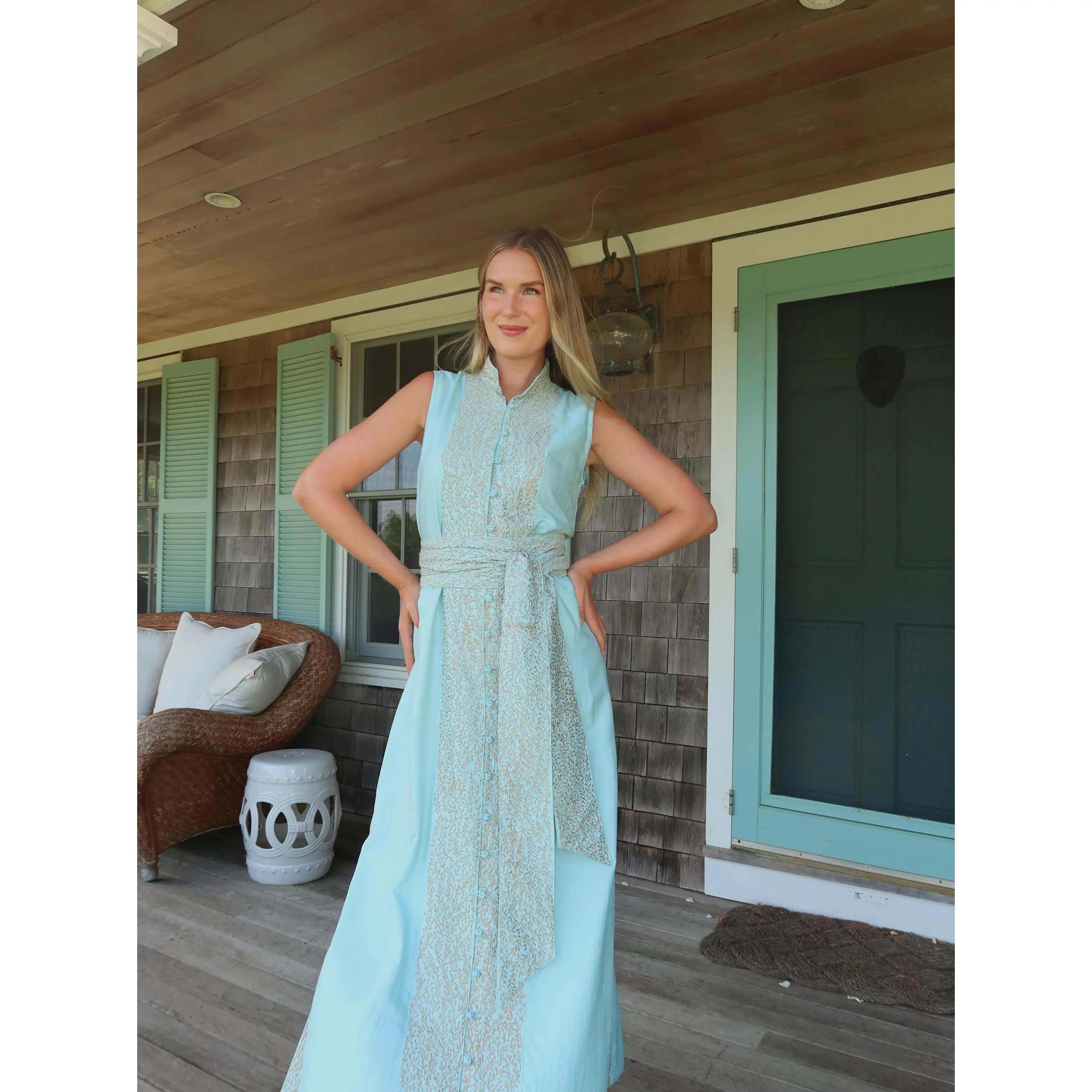 McBournie Richards Home x SUE SARTOR Sleeveless Marrakech Kaftan | Antique Gold Seaweed Embroidery on Seaglass 100% Hand-Loom Silk