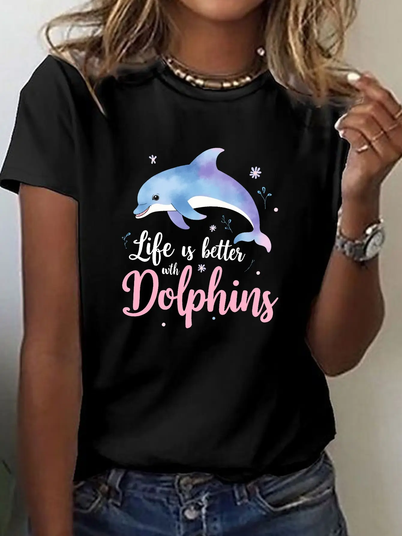 Life Is Better with Dolphins Print T-shirt, Short unisex soft cotton short sleeve t shirt, vintage graphic casual tee for men women teens, perfect birthday holiday gift for camping travel gym daily street casual wear
