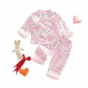 Global Baby Easter Toddler Girl Satin Pajamas Set Bunny Print Lapel Long Sleeve Button Down Tops with Pants Sleepwear Long Sleeve Lapel V Neck Button Down Bunny Bow Print Tops and Elastic