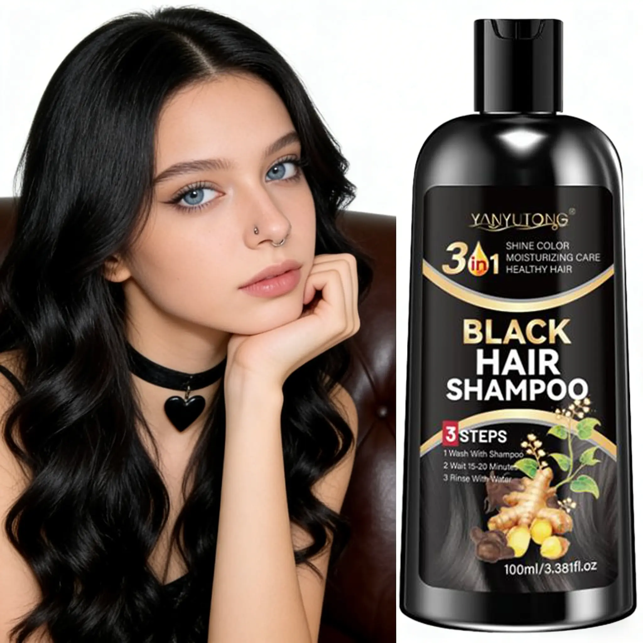 3-in-1 Black Hair Color Shampoo 100ml | Herbal Formula, Gentle, Nourishing & Hydrating, Moisturizing, Long-Lasting Color for All Hair Types, Haircare, Natural Dye Shampoo, Hair Coloring Shampoo