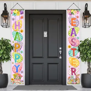 Easter Porch Banner Bunny Egg Rabbit Daisy Party Front Door Sign Wall Hanging Spring Decorations and Supplies for Home Office Farmhouse Holiday Decor