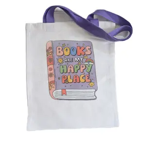 Books are my Happy Place Canvas Tote Bag 13x14in with Colorful Book Design and Purple Handles neutral totebag beach essentials