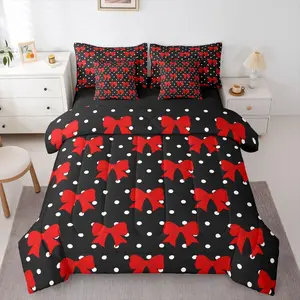 Cartoon Bowknot Comforter Set 7 Pieces Bows & Polka Dots Bedding Set for Kids Boys Girls Kawaii Comforter with Sheets & Cushion Covers Red Black Bedroom Decor Quilted