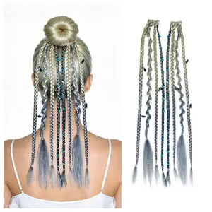 2Pcs Boho Clip in Braid Hair Extensions for Women, 16" Viking Dreadlock with Beads & Charms, Seamless Braided Hairpieces for Festival Cosplay Daily, Light Blonde to Grey