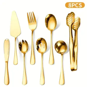 8-Piece Serving Utensils, Polished Stainless Steel Flatware Silverware Set Include Serving Spoon, Slotted Spoon, Cake Server, Soup Ladle, Fork, Salad Fork, Butter Knife, Serving Tong