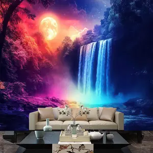 1pc Lifesmells Ultra Large Mystical Moonlit Waterfall Wall Tapestry - Extra Large Vibrant Landscape Art with Waterfall, Moon & Stars, Horizontal Hanging Cloth for Living Room, Hostel, Photo Backdrop, Live Stream Background (No Electricity Needed), Home De
