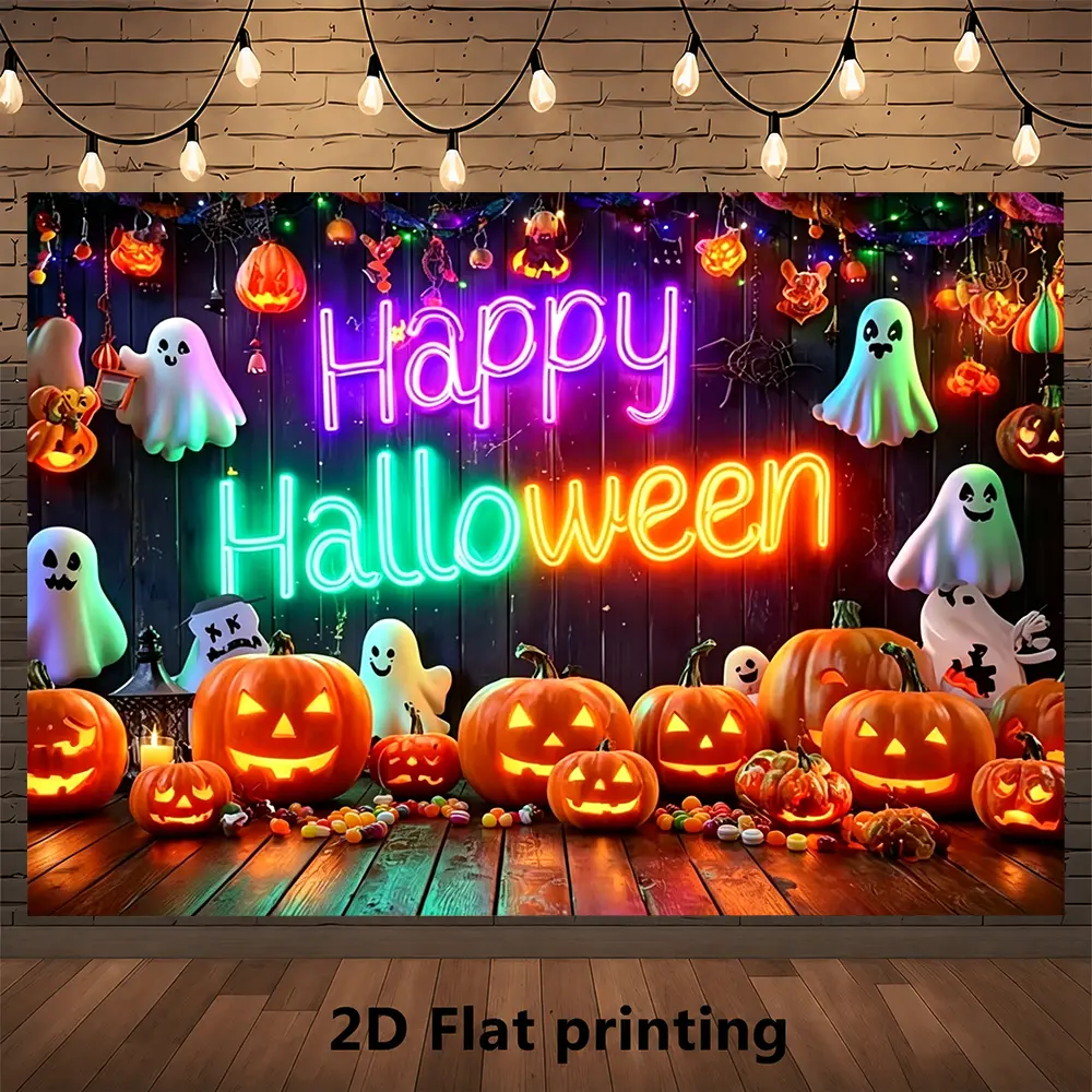 Neon Happy Halloween Backdrop Ghost Pumpkin Colorful Party Lights Photography Background for Photo Booth Event Wall Hanging Decoration