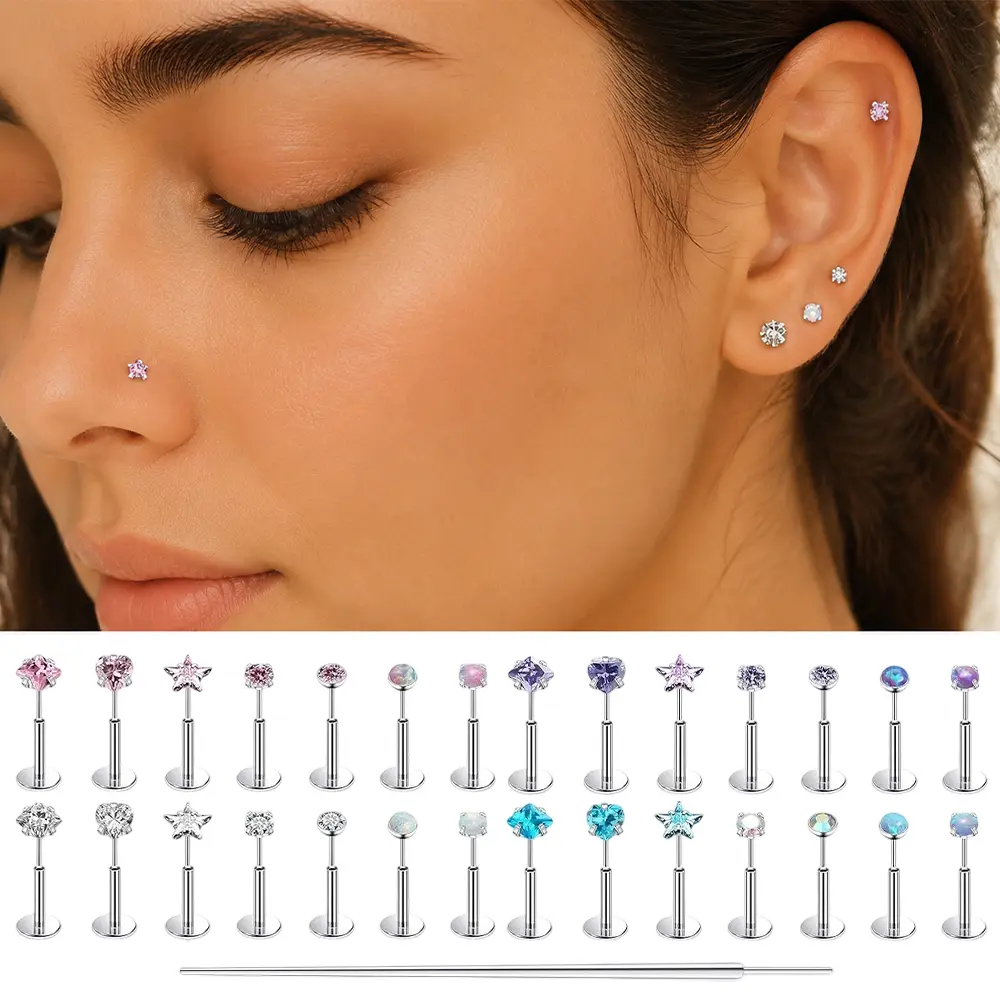 28Pcs Threadless Nose Rings & Flat Back Earrings, 20G 18G 16G Surgical Stainless Steel Opal Nose Studs, Hypoallergenic Piercing Jewelry for Tragus, Helix, Conch, Cartilage for Women and Men - Home Improvement.