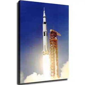 GUMEGE Space Apollo 11 Launch Saturn V Rocket Blast Thrust Flame USA Poster Canvas Print Wall Art Modern Classroom Kitchen (12x18inch-Framed)