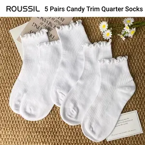 5 Pairs Women's Candy Trim Quarter Socks，Solid White Ruffle Socks，Minimalist Versatile Casual Everyday，Wash Resistant Soft Smooth Comfort, Polyester Lycra Seamless Vertical Ribbed