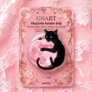 Black Cat Moon Phone Grip Pink Celestial Acrylic MagSafe Holder Whimsical Kitten Phone Stand Witchy Goth Aesthetic Cat Mom Gift Kindle eReader Accessory