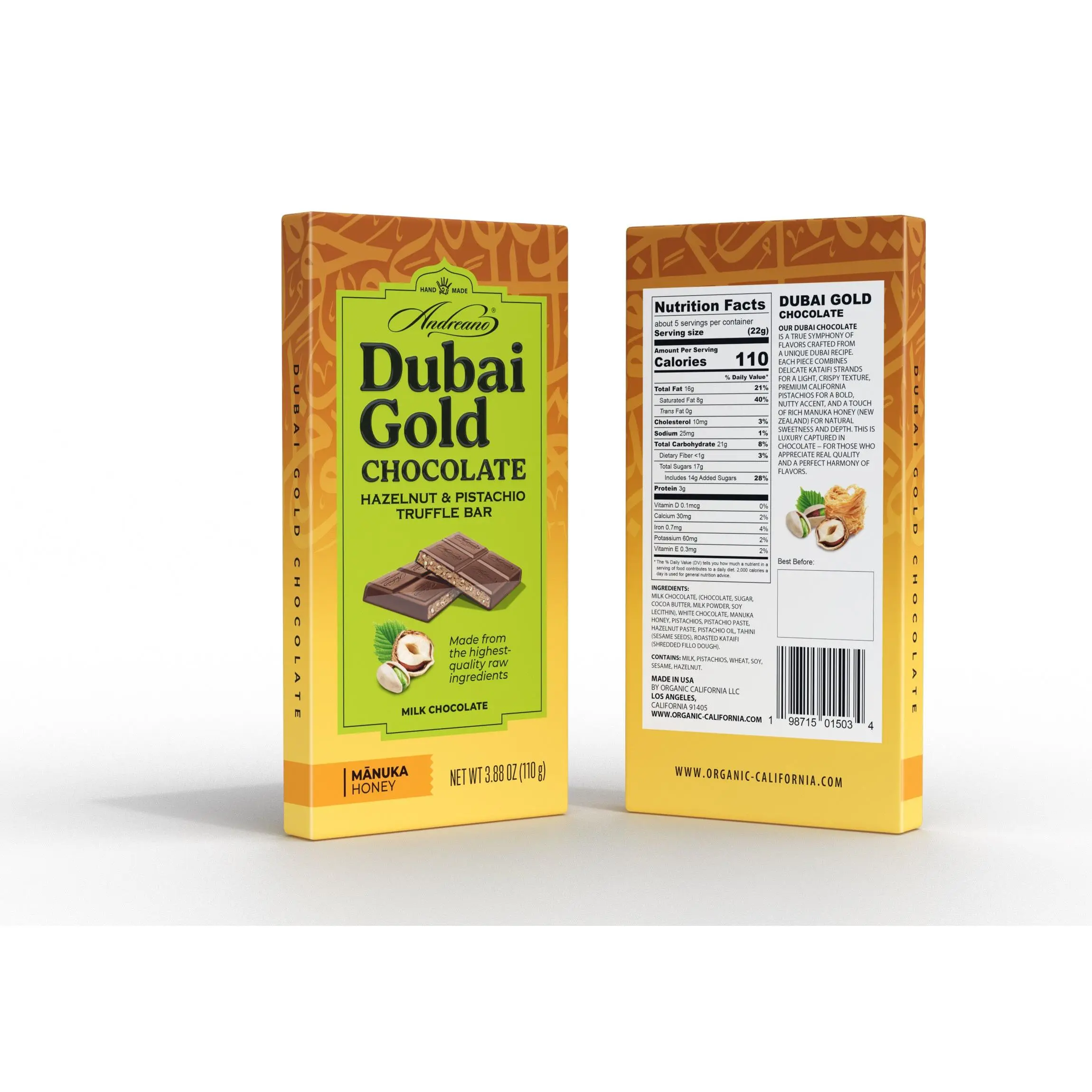 Dubai Gold Milk Chocolate  Hazelnut & Pistachio Truffle Bar 110g