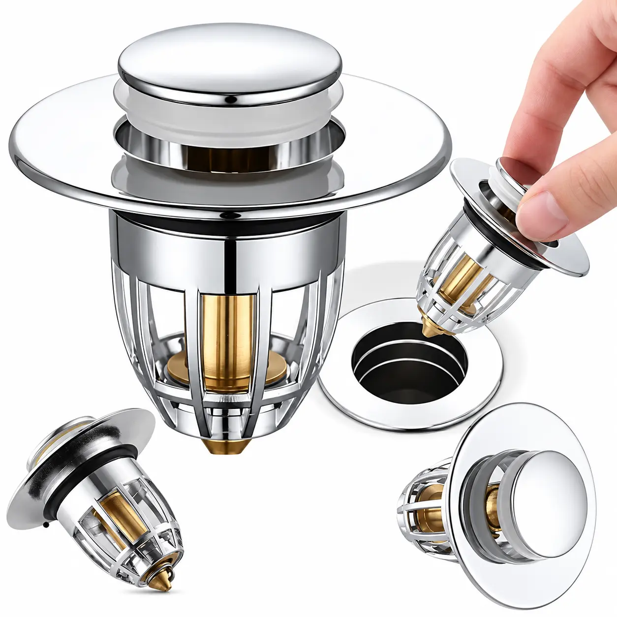 Universal Rebound Drain Plug Filter Basin Pop-up Chrome Sink Filter with Hair Catcher Bathroom Sink Drain Stopper Easy Push Type